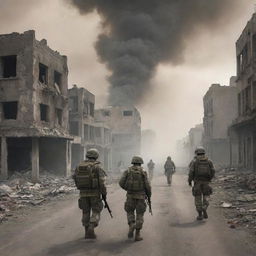 A realistic image of a war zone with deserted streets and ruined buildings, now adding soldiers in camouflage gear warily patrolling the area under smoke-filled skies.