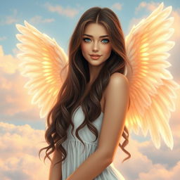 A beautiful hot brunette girl with striking blue eyes and angelic wings