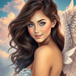 A beautiful hot brunette girl with striking blue eyes and angelic wings