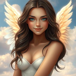 A beautiful hot brunette girl with striking blue eyes and angelic wings