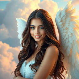 A beautiful hot brunette girl with striking blue eyes and angelic wings