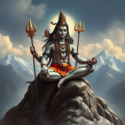 A realistic depiction of the Indian God Shiva, seated majestically on the sacred Kailasa Parvat