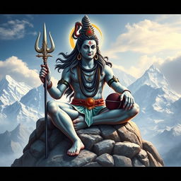 A realistic depiction of the Indian God Shiva, seated majestically on the sacred Kailasa Parvat