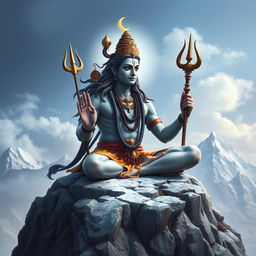 A realistic depiction of the Indian God Shiva, seated majestically on the sacred Kailasa Parvat