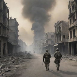 A realistic image of a war zone with deserted streets and ruined buildings, now adding soldiers in camouflage gear warily patrolling the area under smoke-filled skies.