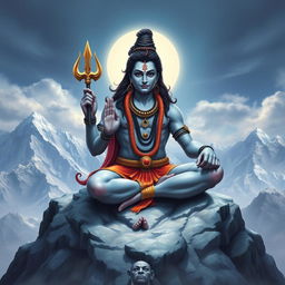 A realistic depiction of the Indian God Shiva, seated majestically on the sacred Kailasa Parvat