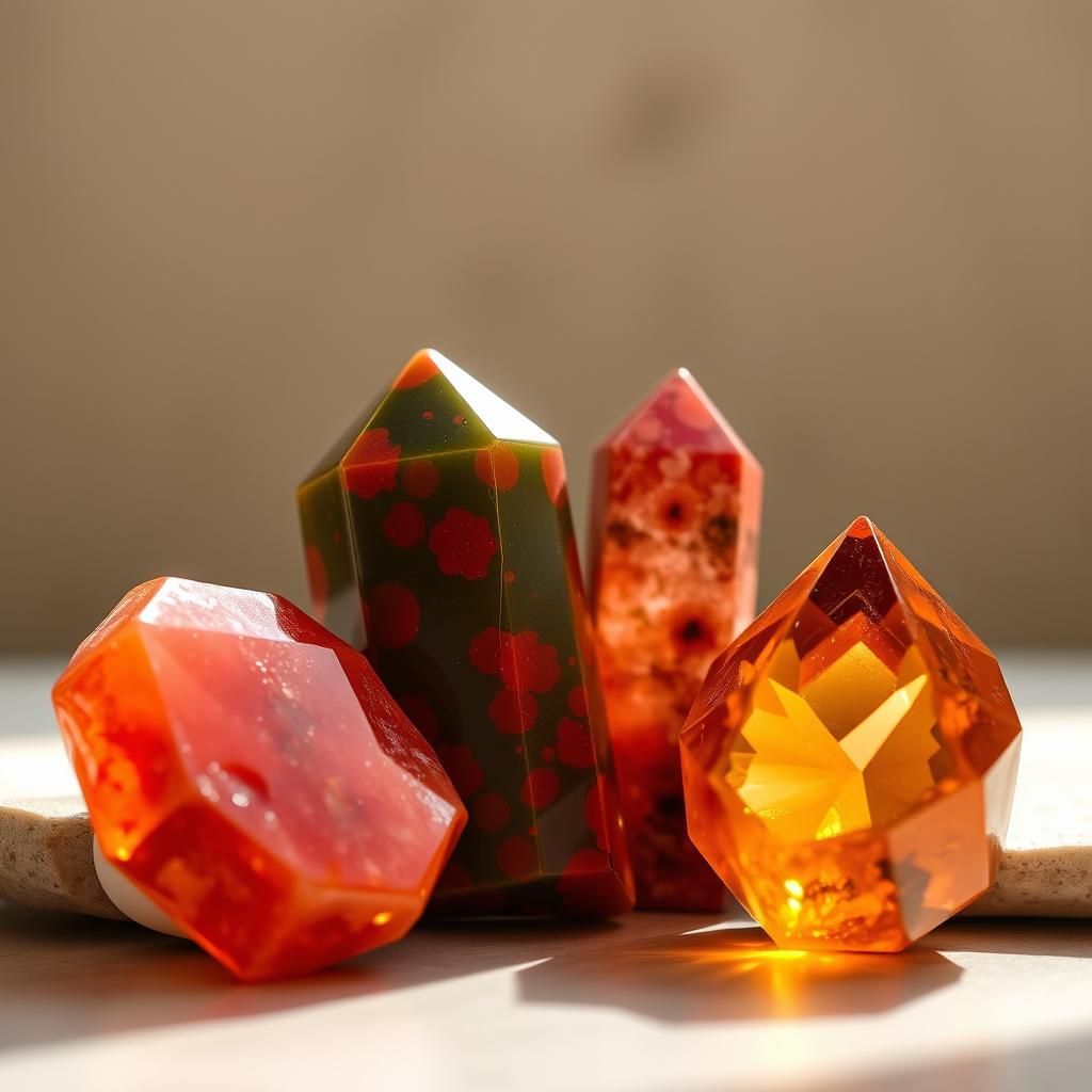 A mesmerizing display of four radiant crystals: Carnelian with its vibrant red-orange glow, Bloodstone featuring a deep green base with vivid red specks, Red Jasper showing a warm and robust red tone, and Madeira Citrine exuding a rich amber hue