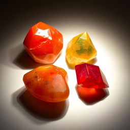 A mesmerizing display of four radiant crystals: Carnelian with its vibrant red-orange glow, Bloodstone featuring a deep green base with vivid red specks, Red Jasper showing a warm and robust red tone, and Madeira Citrine exuding a rich amber hue