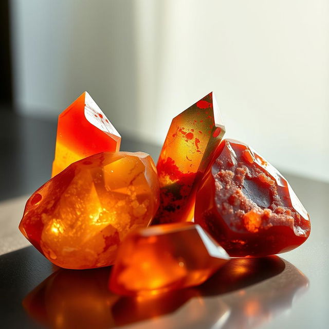 A mesmerizing display of four radiant crystals: Carnelian with its vibrant red-orange glow, Bloodstone featuring a deep green base with vivid red specks, Red Jasper showing a warm and robust red tone, and Madeira Citrine exuding a rich amber hue