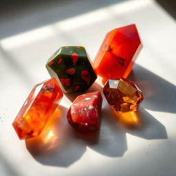 A mesmerizing display of four radiant crystals: Carnelian with its vibrant red-orange glow, Bloodstone featuring a deep green base with vivid red specks, Red Jasper showing a warm and robust red tone, and Madeira Citrine exuding a rich amber hue