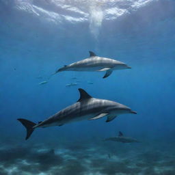 A dramatic underwater scene depicting a grand confrontation between a group of dolphins and a school of sharks