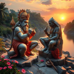 A majestic scene depicting the Indian God Hanumanji, a revered deity with a monkey-like appearance, skillfully crafting a colossal and lifelike statue beside a serene riverside