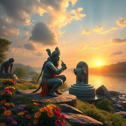 A majestic scene depicting the Indian God Hanumanji, a revered deity with a monkey-like appearance, skillfully crafting a colossal and lifelike statue beside a serene riverside