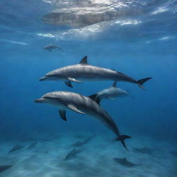 A dramatic underwater scene depicting a grand confrontation between a group of dolphins and a school of sharks