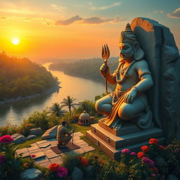 A majestic scene depicting the Indian God Hanumanji, a revered deity with a monkey-like appearance, skillfully crafting a colossal and lifelike statue beside a serene riverside