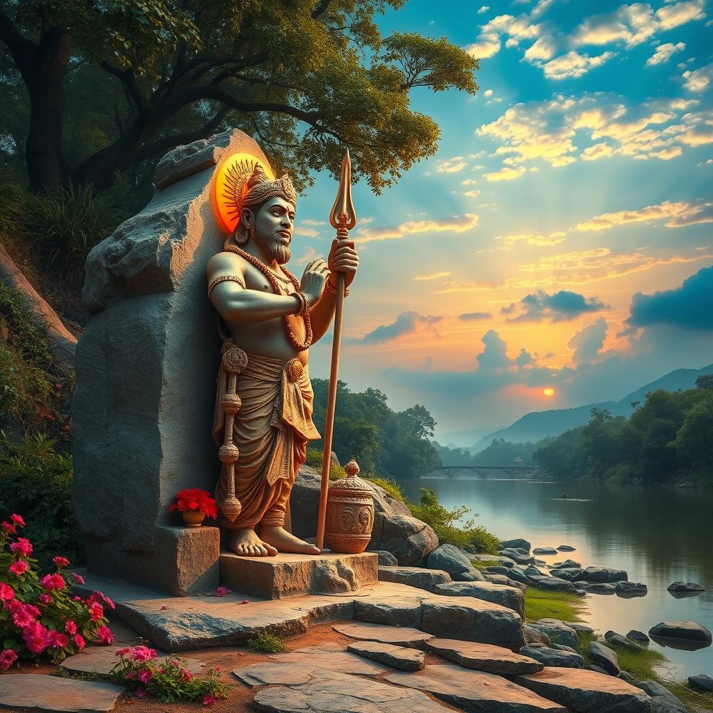 A majestic scene depicting the Indian God Hanumanji, a revered deity with a monkey-like appearance, skillfully crafting a colossal and lifelike statue beside a serene riverside