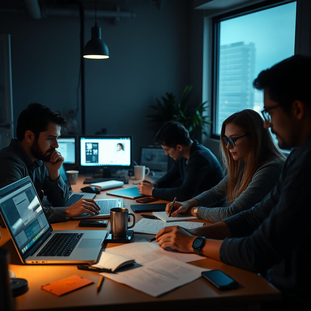 A dedicated UI design team working diligently in a dimly lit office environment due to a power outage