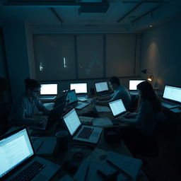 A dedicated UI design team working diligently in a dimly lit office environment due to a power outage