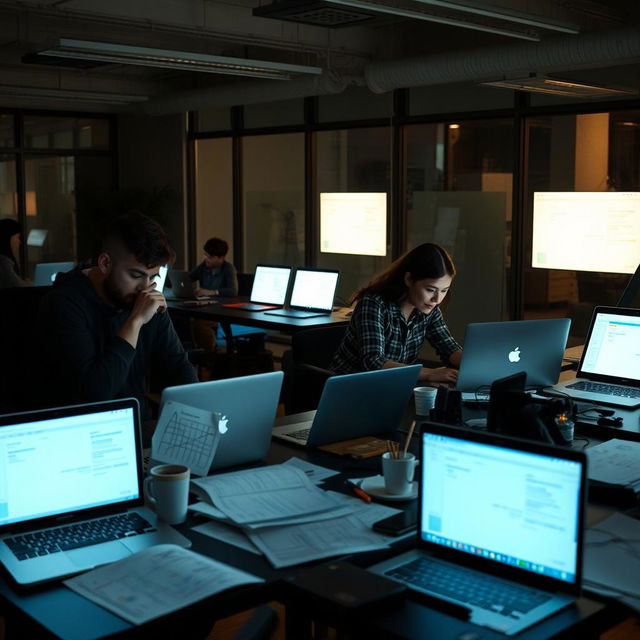 A dedicated UI design team working diligently in a dimly lit office environment due to a power outage