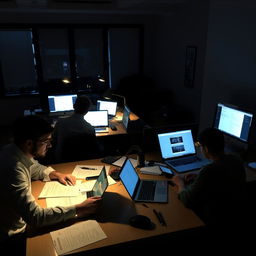 A dedicated UI design team working diligently in a dimly lit office environment due to a power outage