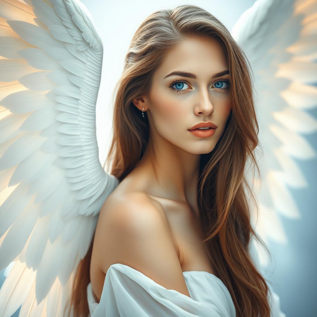 A captivating and beautiful woman with stunning blue eyes and large, ethereal angel wings