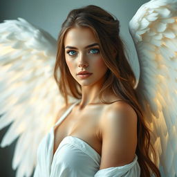 A captivating and beautiful woman with stunning blue eyes and large, ethereal angel wings