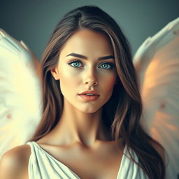 A captivating and beautiful woman with stunning blue eyes and large, ethereal angel wings