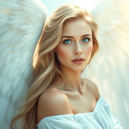 A captivating and beautiful woman with stunning blue eyes and large, ethereal angel wings