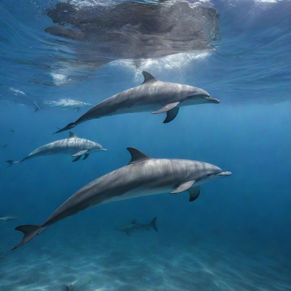 A dramatic underwater scene depicting a grand confrontation between a group of dolphins and a school of sharks