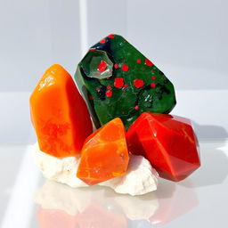 A beautiful arrangement of crystals featuring Carnelian, Bloodstone, Red Jasper, and Madeira, placed elegantly against a transparent background