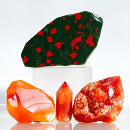 A beautiful arrangement of crystals featuring Carnelian, Bloodstone, Red Jasper, and Madeira, placed elegantly against a transparent background