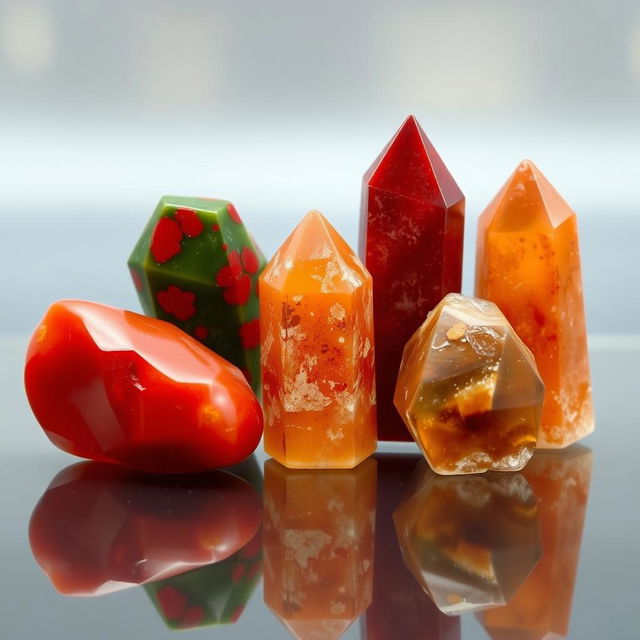 A beautiful arrangement of crystals featuring Carnelian, Bloodstone, Red Jasper, and Madeira, placed elegantly against a transparent background