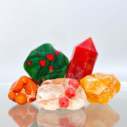 A beautiful arrangement of crystals featuring Carnelian, Bloodstone, Red Jasper, and Madeira, placed elegantly against a transparent background