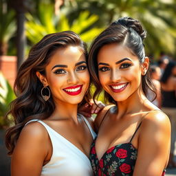 two beautiful Latina women with captivating smiles and graceful features, showcasing diverse hairstyles and attire that highlight their unique personalities