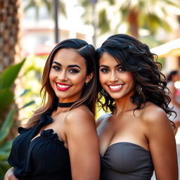 two beautiful Latina women with captivating smiles and graceful features, showcasing diverse hairstyles and attire that highlight their unique personalities