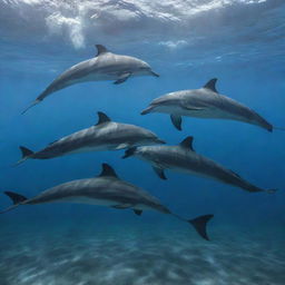 A dramatic underwater scene depicting a grand confrontation between a group of dolphins and a school of sharks