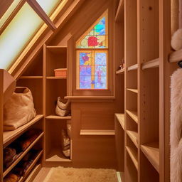 A cozy and warm half-slanted lofted walk-in closet with stained glass windows, fluffy carpet underfoot, dim lighting for ambiance. Filled with quality wooden closets and shelves showcasing a young woman's wardrobe and coffee-themed, autumn-inspired decor.