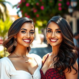 two beautiful Latina women with captivating smiles and graceful features, showcasing diverse hairstyles and attire that highlight their unique personalities