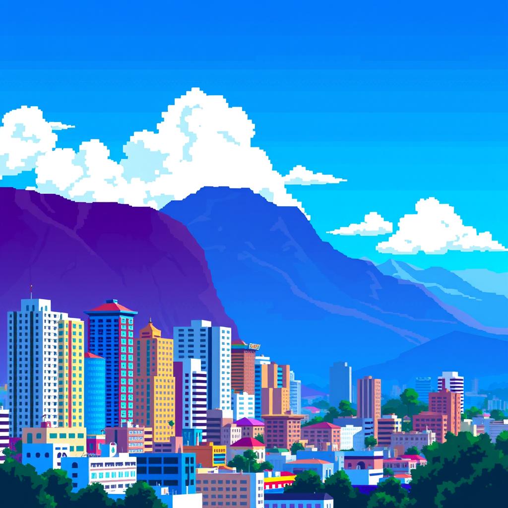 Caracas city skyline captured in 8-bit style, showcasing colorful pixelated buildings, mountains in the background, and clear blue skies