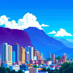 Caracas city skyline captured in 8-bit style, showcasing colorful pixelated buildings, mountains in the background, and clear blue skies