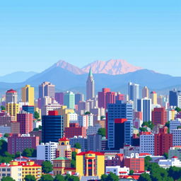 Caracas city skyline captured in 8-bit style, showcasing colorful pixelated buildings, mountains in the background, and clear blue skies