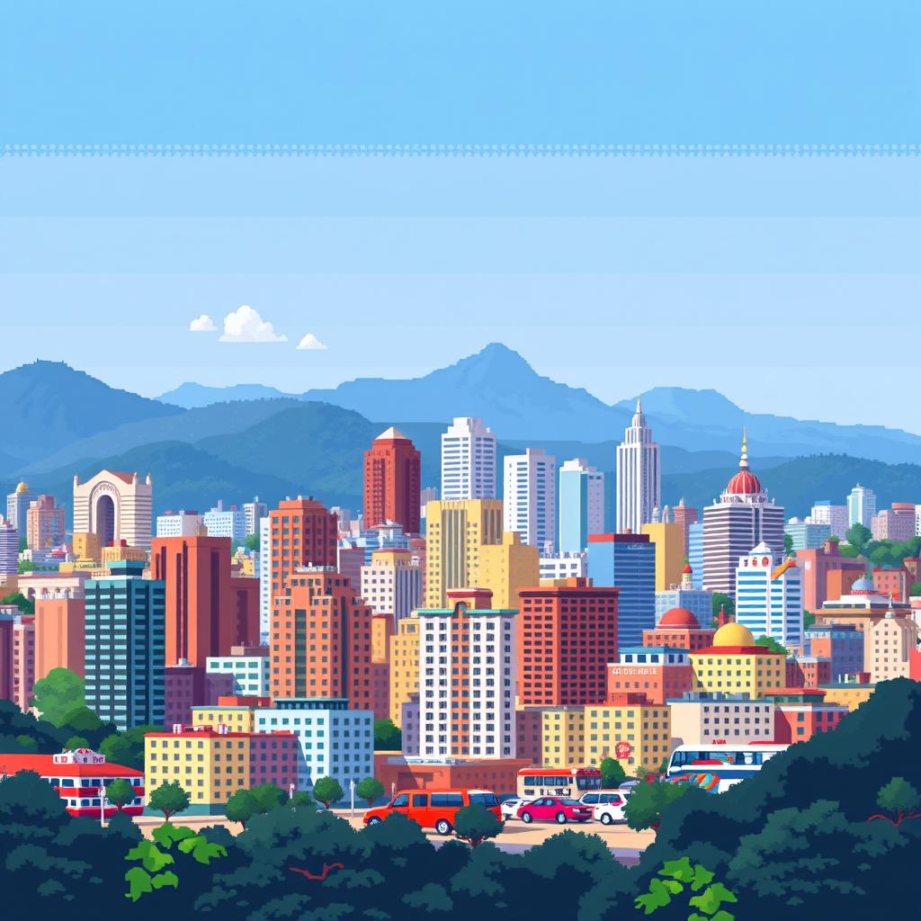 Caracas city skyline captured in 8-bit style, showcasing colorful pixelated buildings, mountains in the background, and clear blue skies