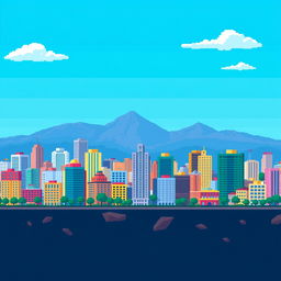 Caracas city skyline captured in 8-bit style, showcasing colorful pixelated buildings, mountains in the background, and clear blue skies