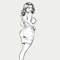 A confident woman in a small, sexy dress that highlights her voluptuous curves, with a focus on her large breasts and shapely backside