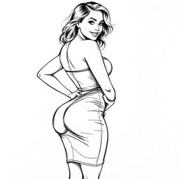 A confident woman in a small, sexy dress that highlights her voluptuous curves, with a focus on her large breasts and shapely backside