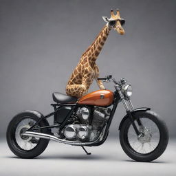 A biker-style giraffe wearing a secure helmet and trendy goggles, confidently straddling a sleek, powerful motorcycle.