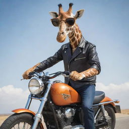 A biker-style giraffe wearing a secure helmet and trendy goggles, confidently straddling a sleek, powerful motorcycle.