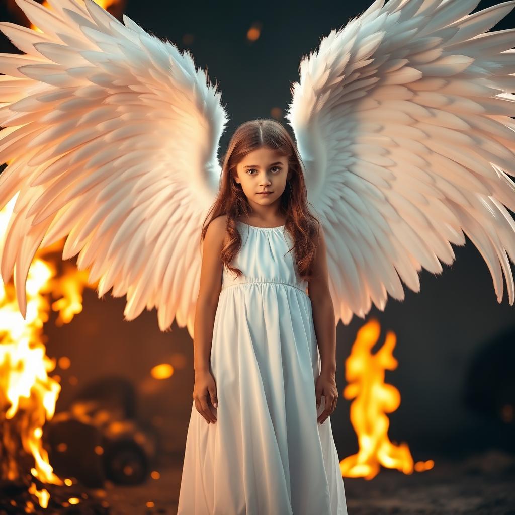 A beautiful girl with majestic angel wings standing gracefully, surrounded by a blazing inferno in the background