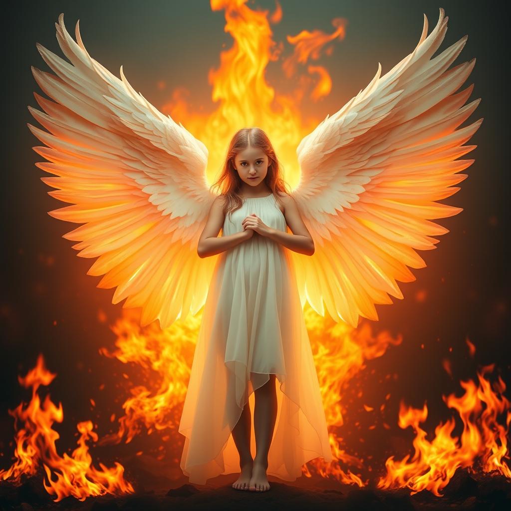 A beautiful girl with majestic angel wings standing gracefully, surrounded by a blazing inferno in the background