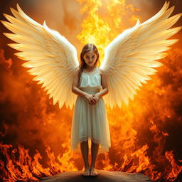 A beautiful girl with majestic angel wings standing gracefully, surrounded by a blazing inferno in the background